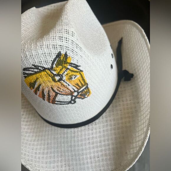 Kids White Straw Cowboy Hat with Horse Rodeo Summer Spring Fall Cap - Picture 3 of 9